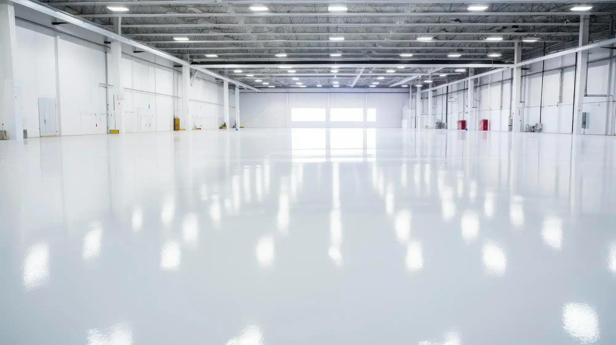 Glossy white epoxy floor coating across an empty warehouse under bright overhead lights